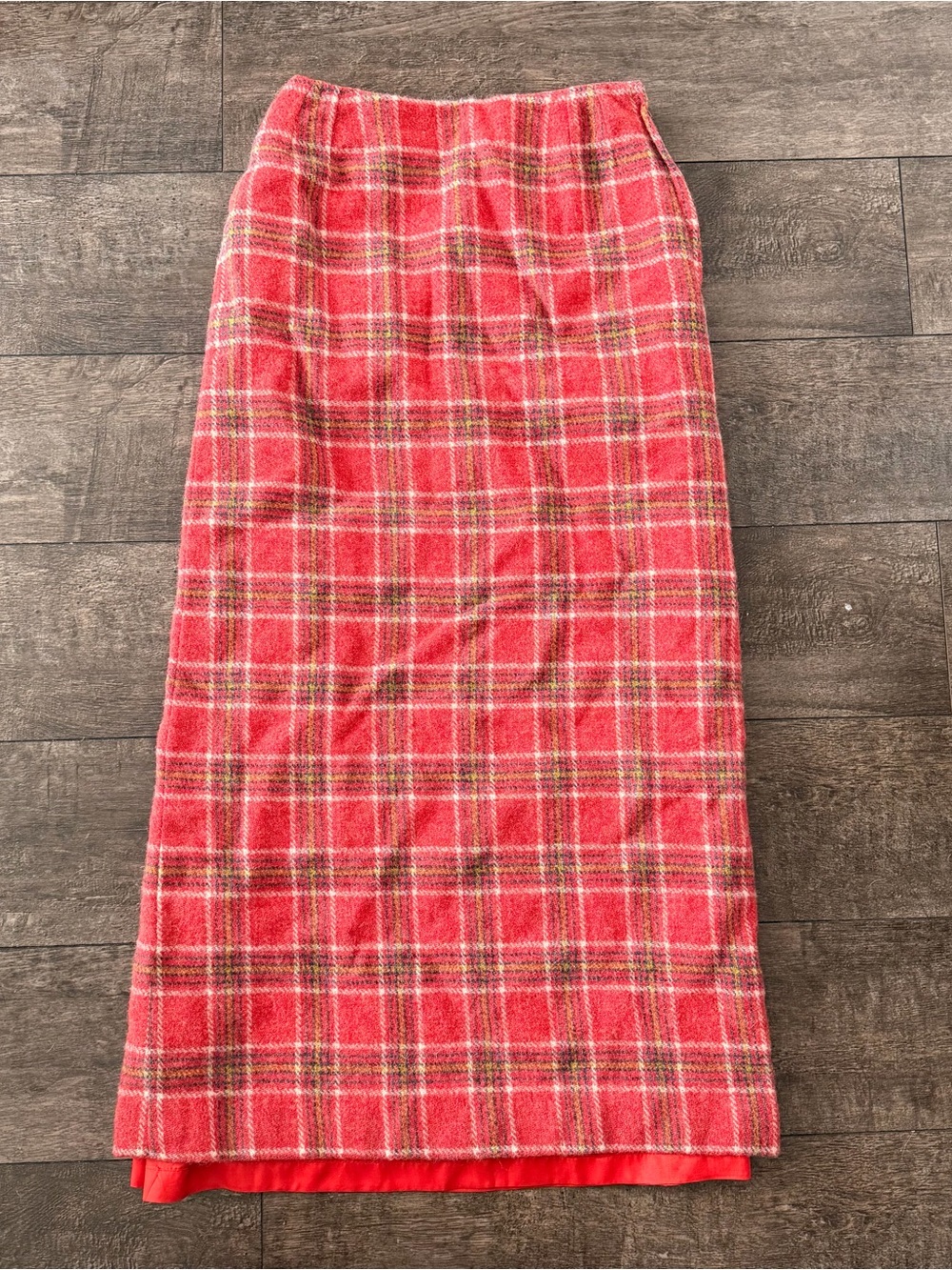 60s 70s vintage Dorothy Pinnock red plaid wool pencil maxi skirt
